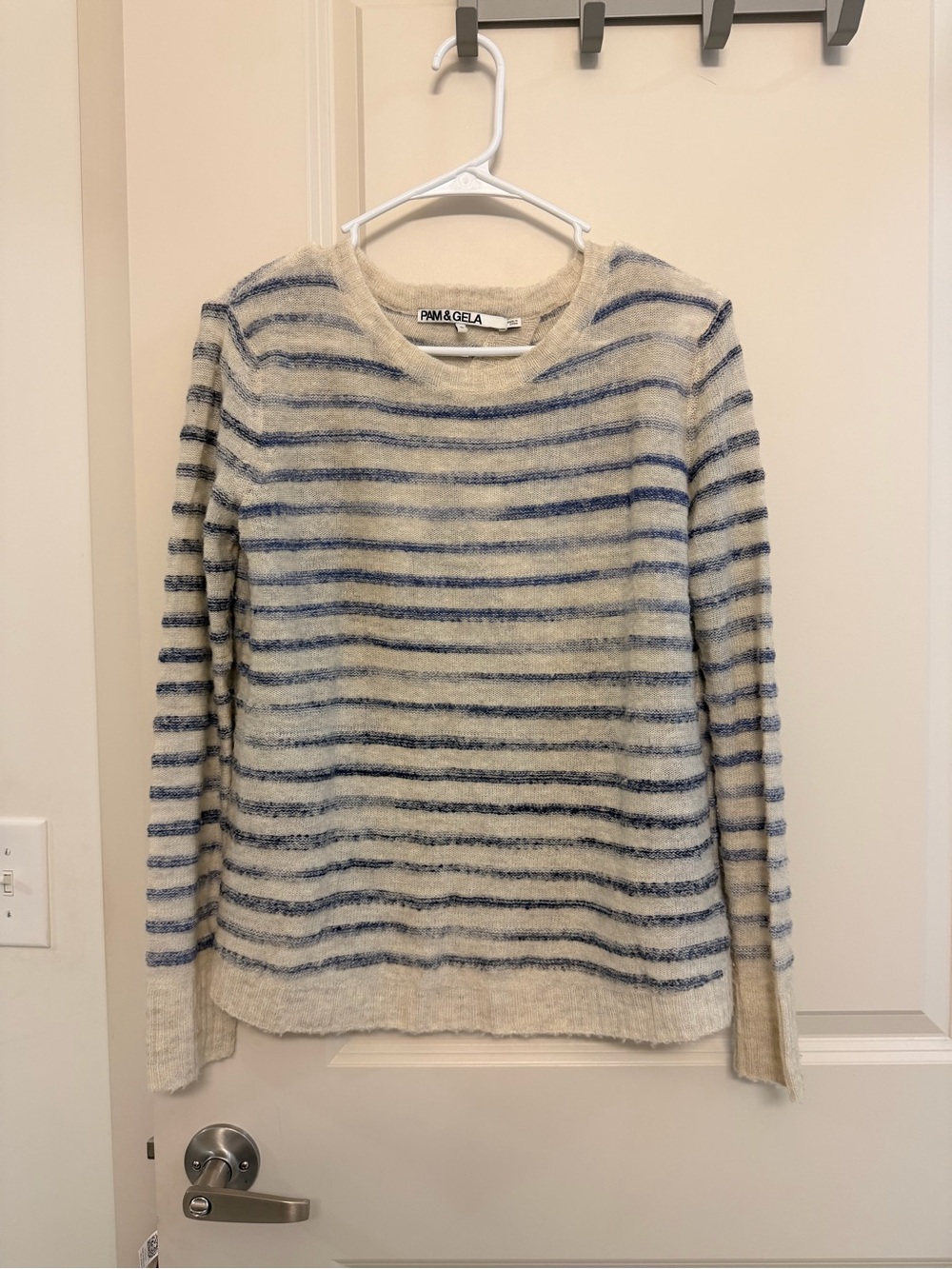 Pam & Gela Cream and Blue Striped Crewneck Sweater